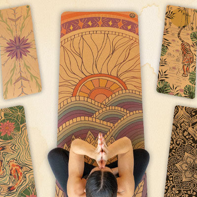 Lightweight Travel Cork Yoga Mat with Unique Tiger Lotus Art